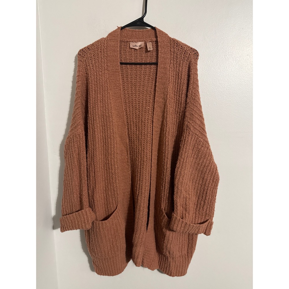 Willow & Root Women Rust Orange Waffle Knit Open Front Pocket Cardigan Medium